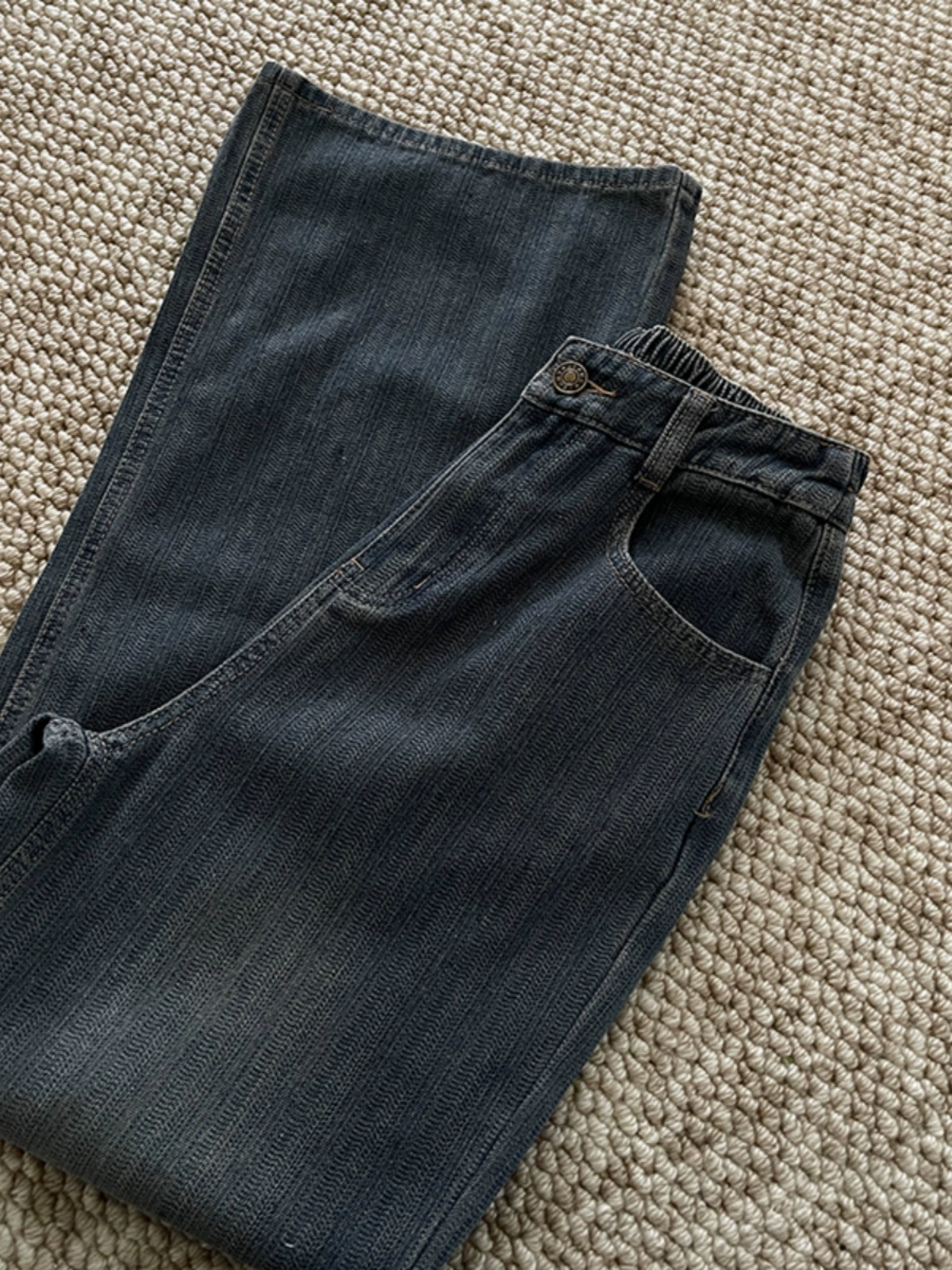 韩系个性条纹纹理宽松阔腿牛仔裤女2024冬季新款设计感阔腿拖地裤