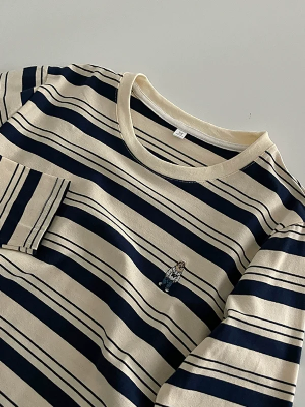 小熊刺绣减龄条纹T恤2024秋季新款女长袖简约套头洋气长袖上衣潮