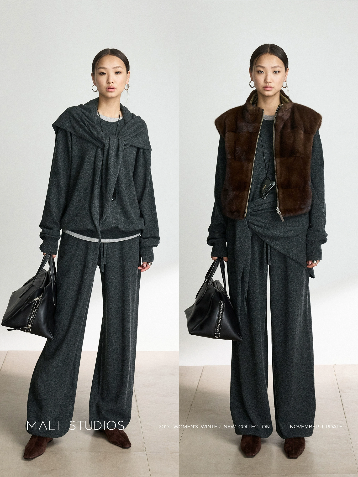 MALI | 慵懒随性羊绒羊毛圆领毛衣/卫裤/三角披肩三件套 - Image 4