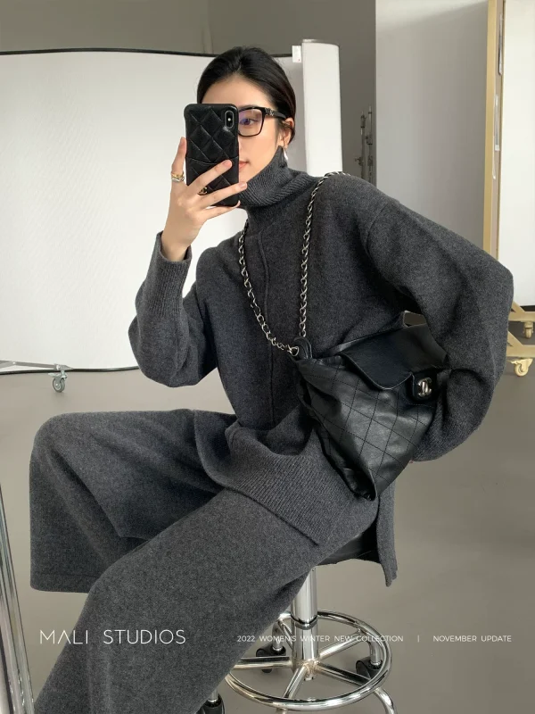 MALI｜INS博主同款_高端全羊毛立领毛衣+阔腿九分裤两件套