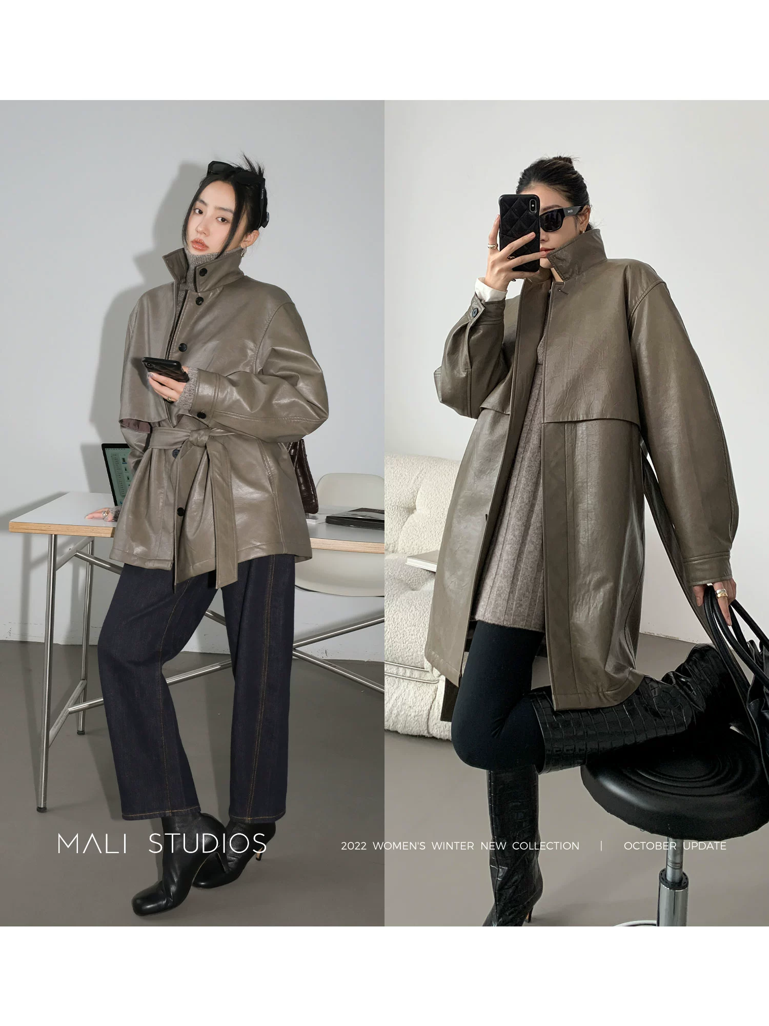 MALI|环保PU夹棉加厚 直身复式短款/长款夹克皮衣 - Image 3