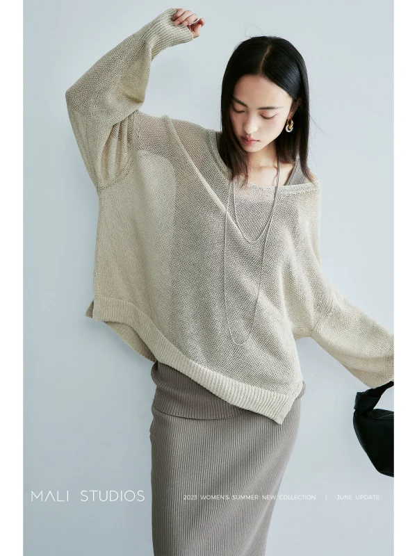 MALI|慵懒松弛氛围感_天然大麻纱镂空网眼透视针织防晒衫