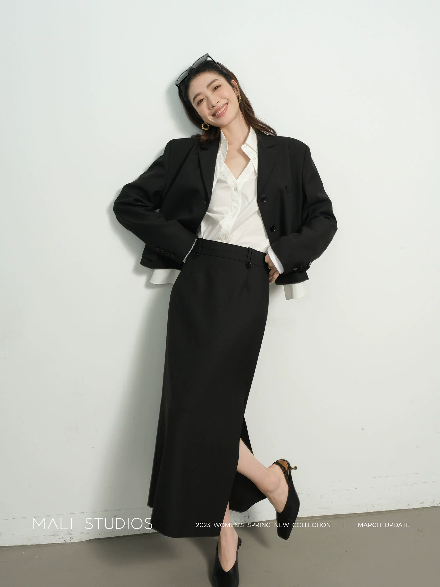 MALI|日本进口羊毛VTG复古撞色条纹_袖口拼接西装+侧开叉裙套装 - Image 2