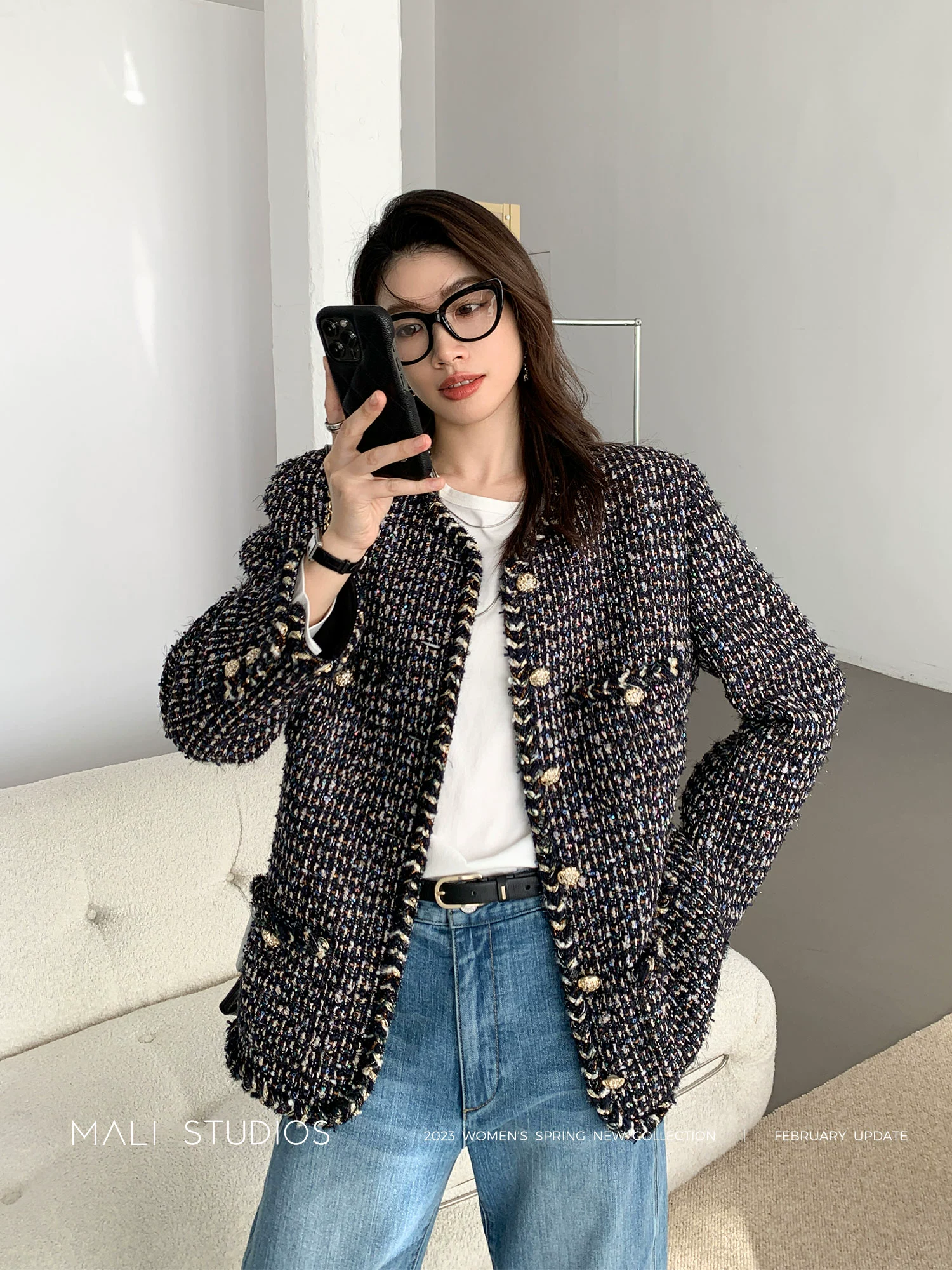 MALI|意大利进口黑白香香&缤纷落日彩色珠片纱高定小香外套