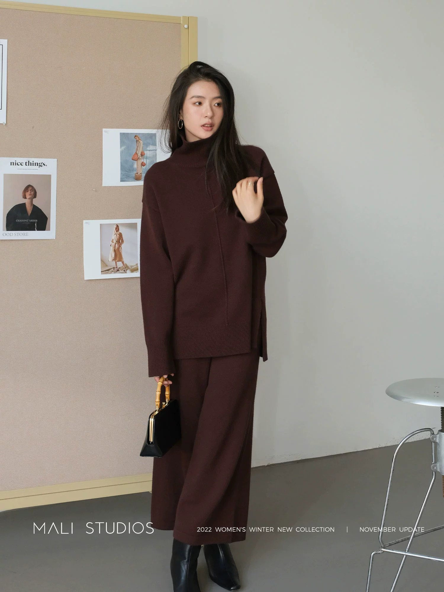 MALI|INS博主同款_高端全羊毛立领毛衣+阔腿九分裤两件套 - Image 3