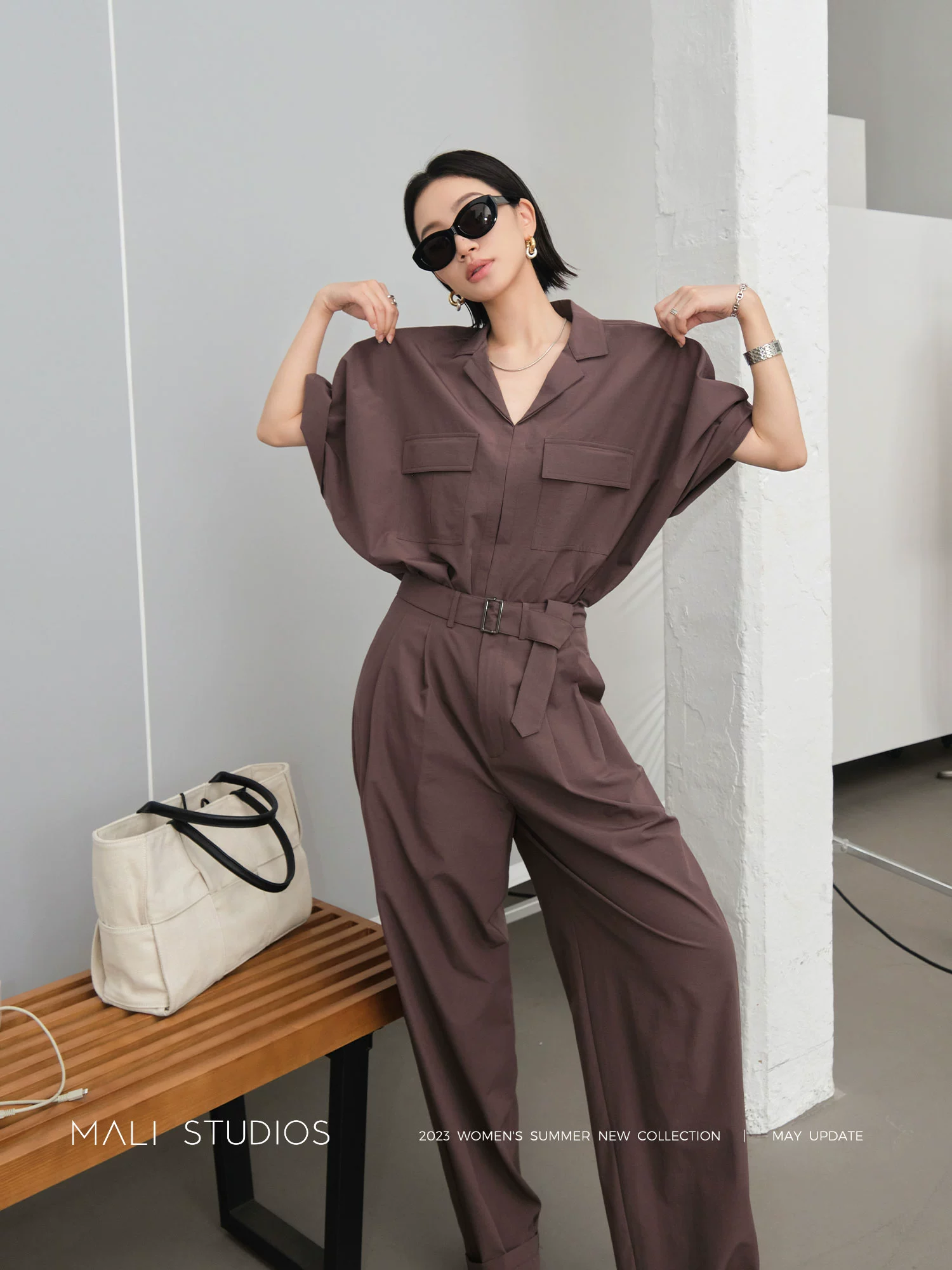 MALI|工装风纸片人套装_夏季宽松蝙蝠袖短袖衬衫+腰带休闲裤 - Image 4