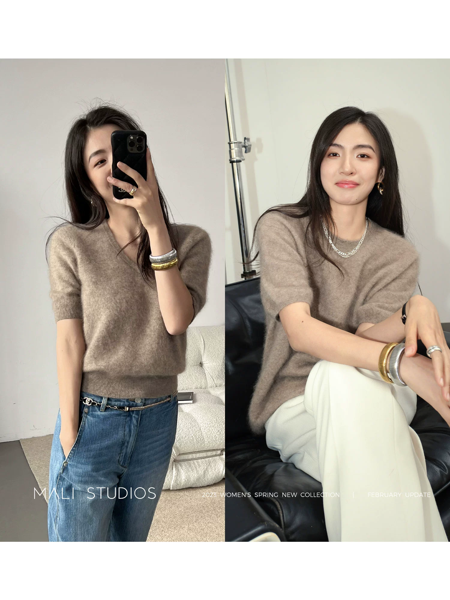 MALI|级工艺山羊绒拉毛_BABY触感圆领/V领套头中袖毛衣 - Image 3