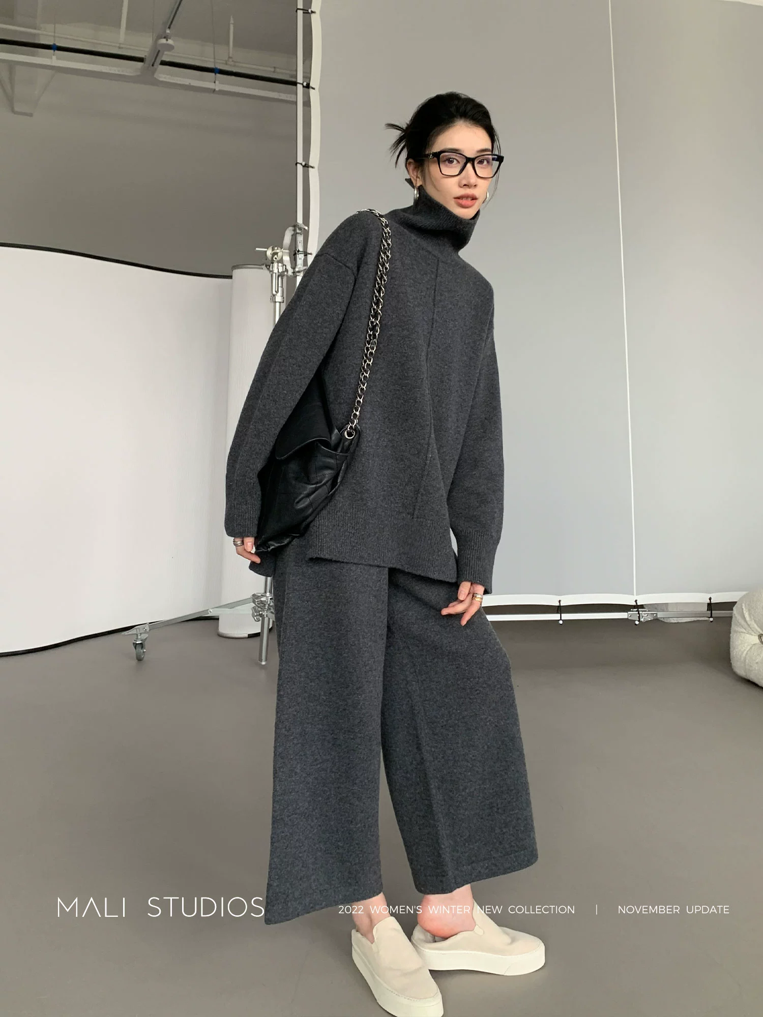 MALI|INS博主同款_高端全羊毛立领毛衣+阔腿九分裤两件套 - Image 5