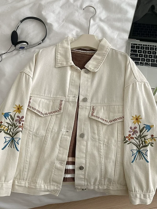 复古绣花牛仔外套女2024年春秋新款女装宽松港味百搭减龄长袖上衣