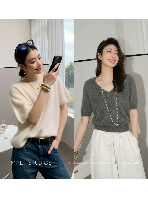 MALI｜级工艺山羊绒拉毛_BABY触感圆领/V领套头中袖毛衣