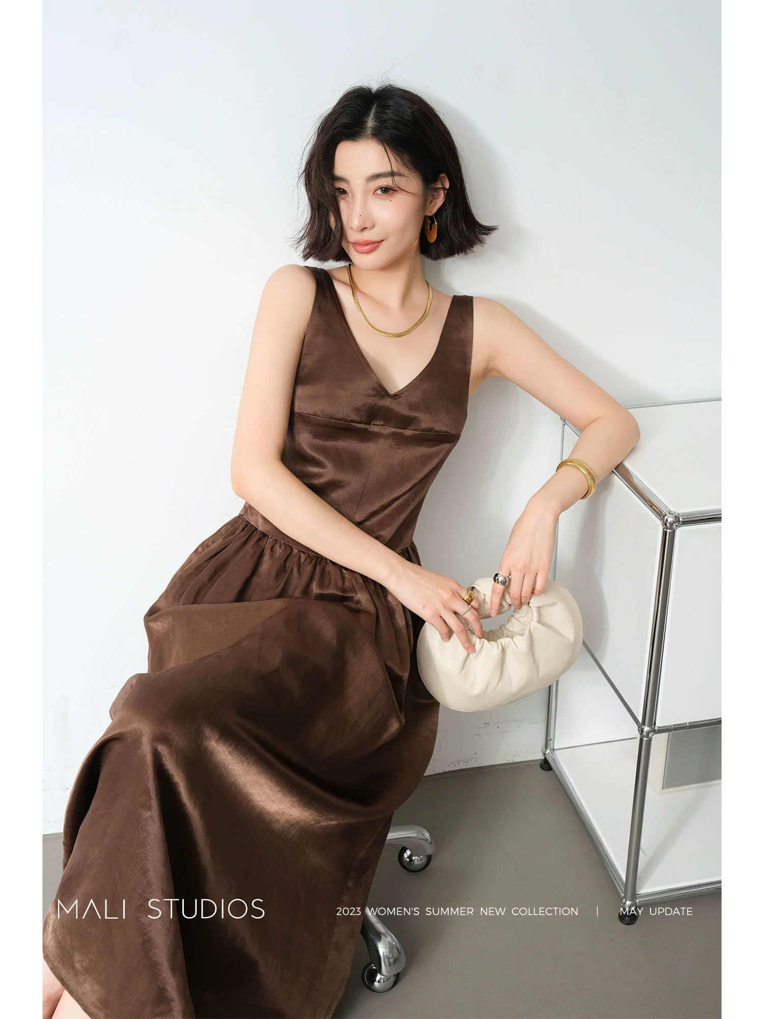 MALI|重磅定制开发天丝亚麻_高定立裁抽褶优雅V领连衣裙 - Image 4