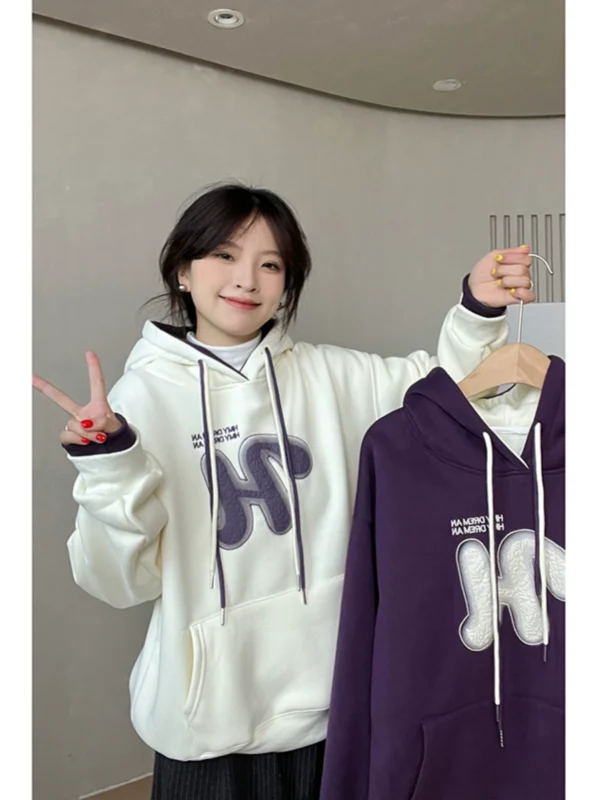 华棉复合baby绒立体大字母印花小众刺绣连帽卫衣女2024秋冬新款潮