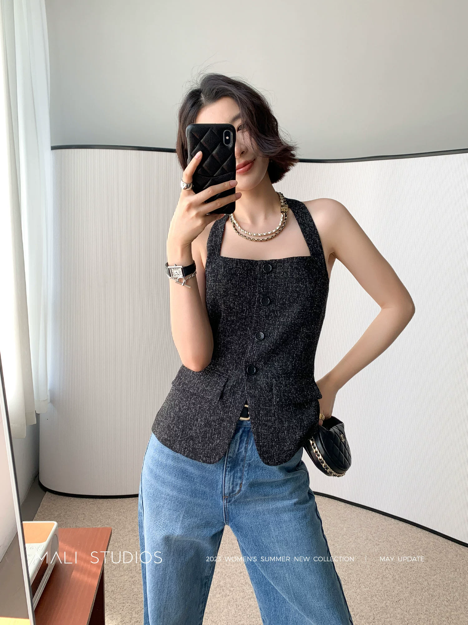 MALI|意式混色风格花呢_时髦气质高及感挂脖小香背心夏 - Image 2