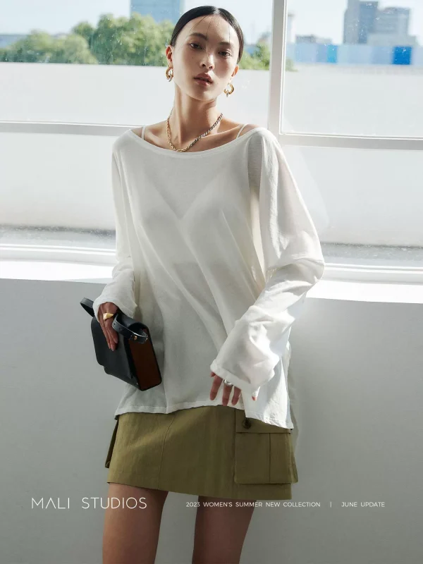 MALI｜定纺轻薄强捻纱_超百搭一字领宽松舒适长袖防晒T恤