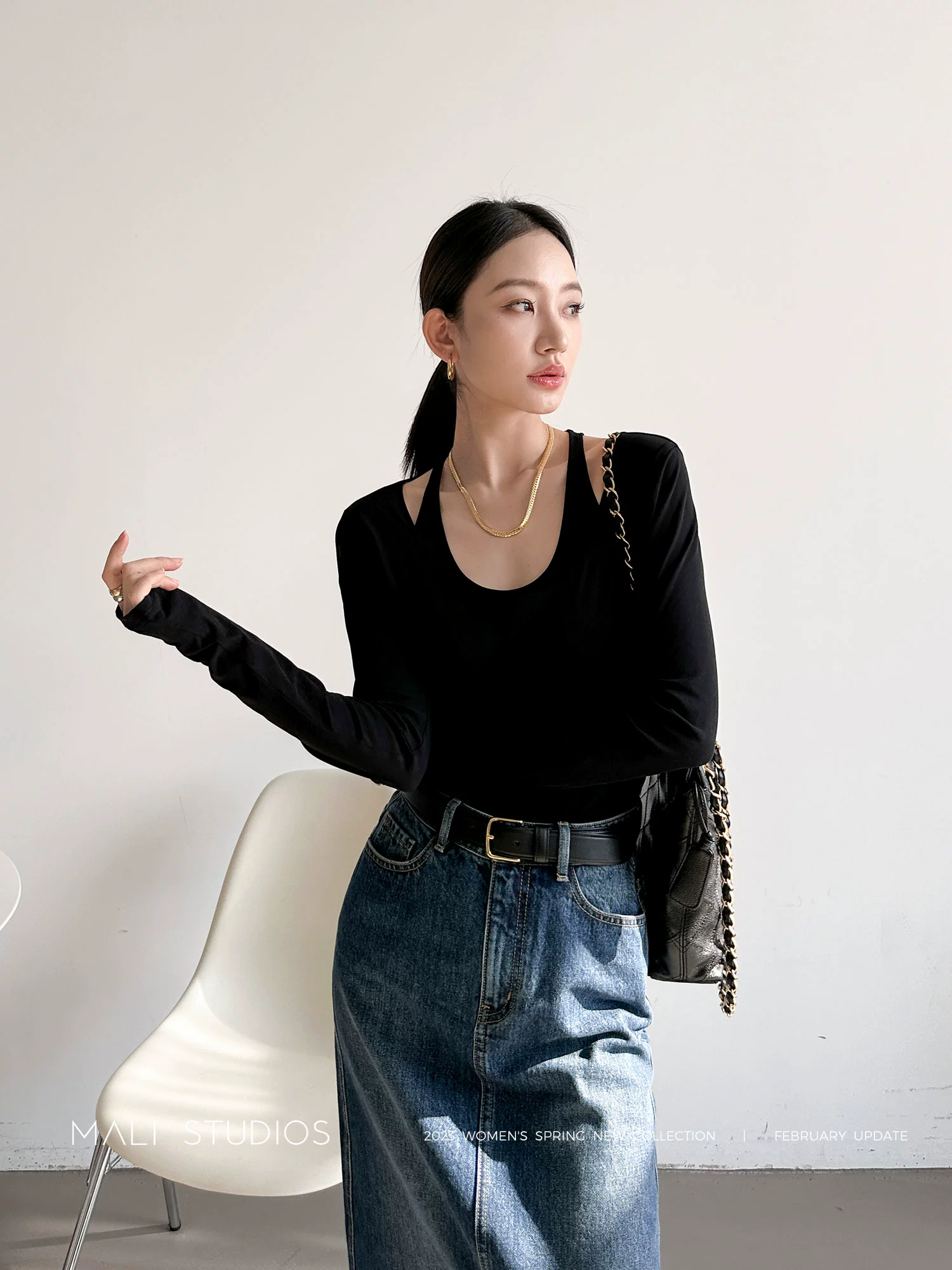 MALI|双层解构设计_强捻全棉针织微透假两件修身T恤 - Image 4