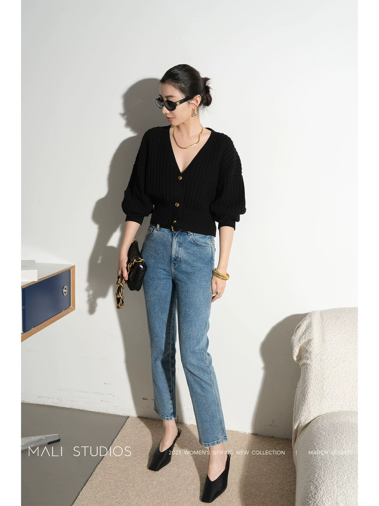MALI|法式高级感_深V领细腰显瘦坑条纹截短上衣 - Image 5