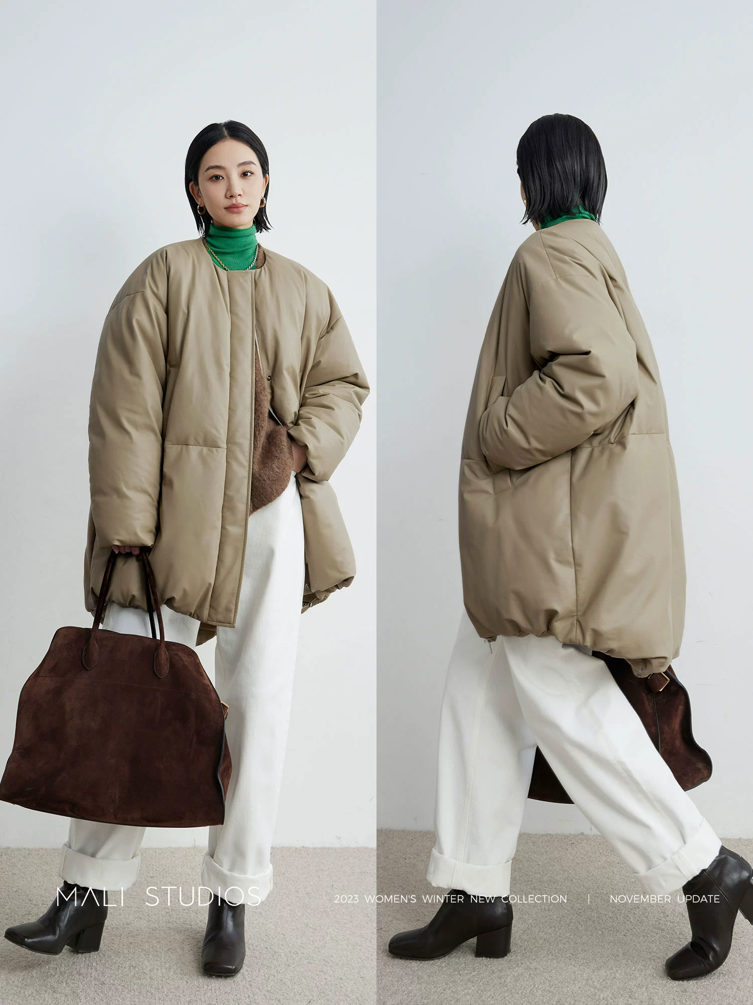 MALI|轻涂层绵羊皮90白鸭绒_北欧风立体茧型大廓形皮羽绒长外套 - Image 2