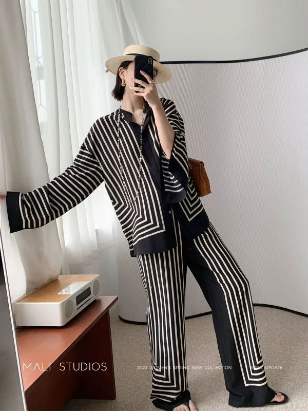 MALI｜定制18MM真丝双绉_清凉度假氛围感时髦定位条纹衬衫阔腿裤