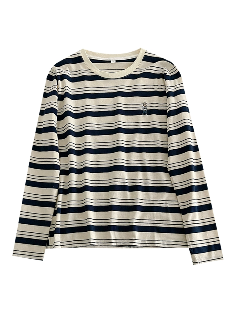 小熊刺绣减龄条纹T恤2024秋季新款女长袖简约套头洋气长袖上衣潮 - Image 5