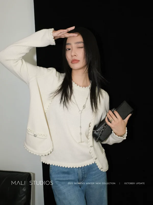 MALI｜法式中古小香风 VTG立体鼓波花边开衫/背心/假两件