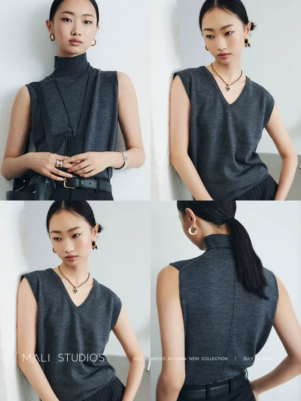 MALI|经典B囤无袖系列_高端美丽诺羊毛纱高领/V领针织背心