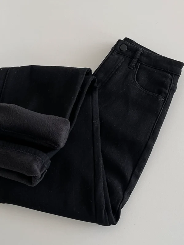 加绒加厚黑色牛仔裤女装2024冬季新款韩版高腰宽松宽松阔腿长裤子