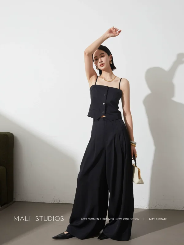 MALI|定制醋酸VISCOSE_法式及简可打开式吊带马甲鱼骨阔腿裤