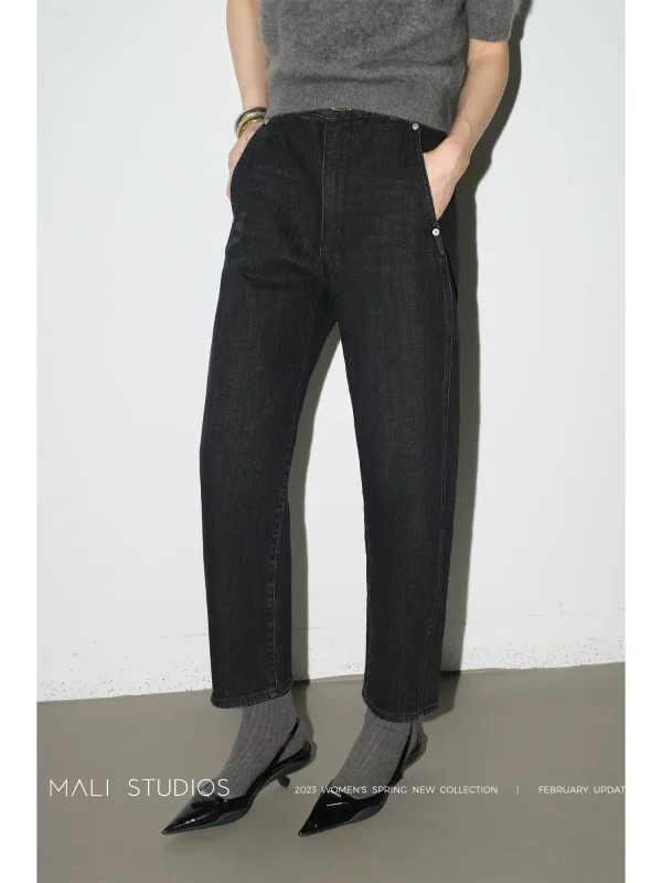 MALI|博主同款_水洗特殊圆弧扭缝设计显瘦遮肉九分牛仔裤