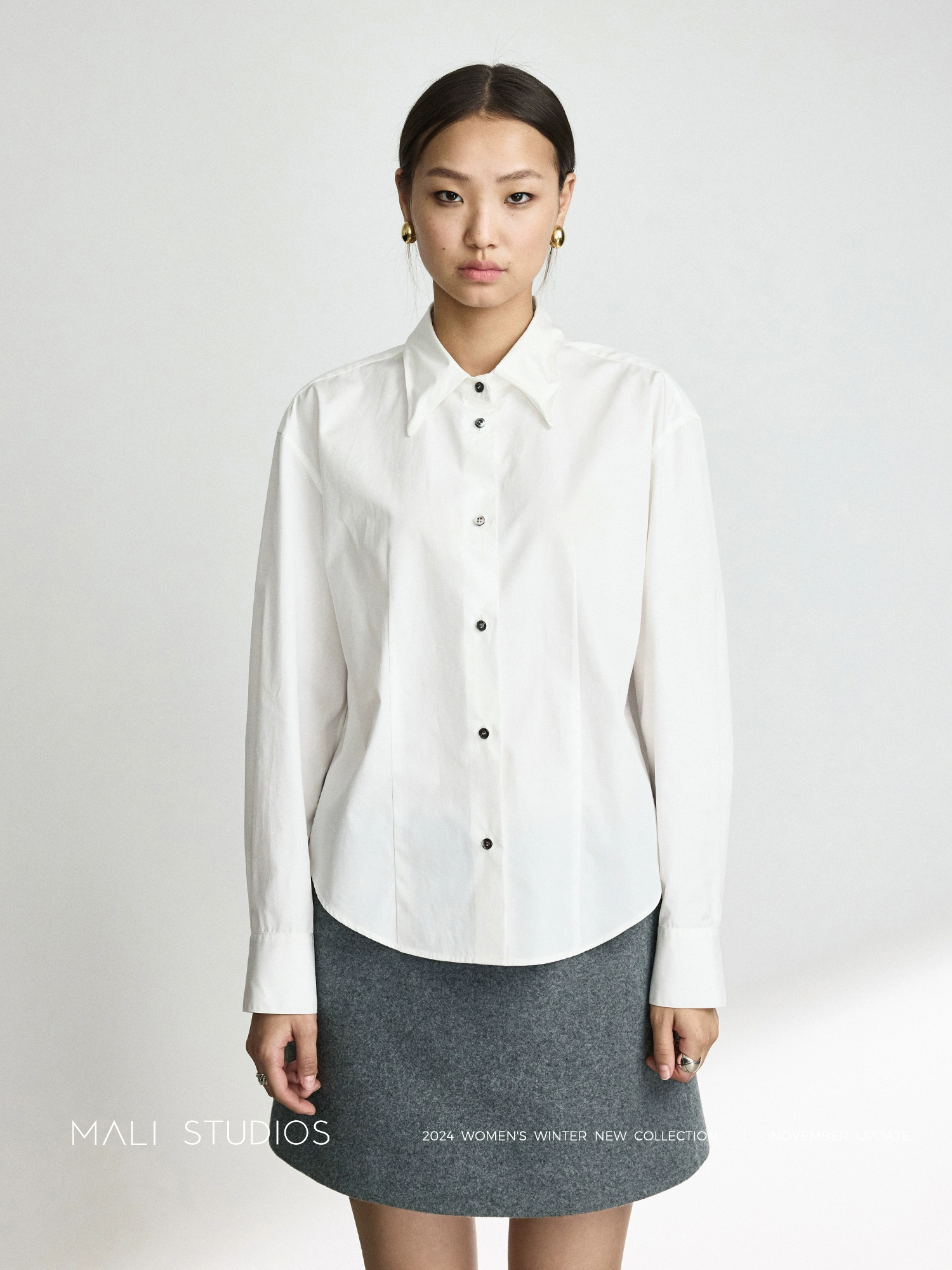 MALI | 高支高密新疆长绒棉时髦立体造型领截短衬衫 - Image 3