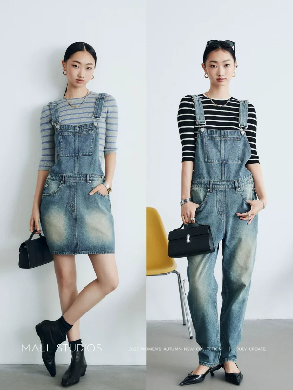 MALI|VTG叠穿神器_80S复古风可调节式背带牛仔短裙/牛仔裤