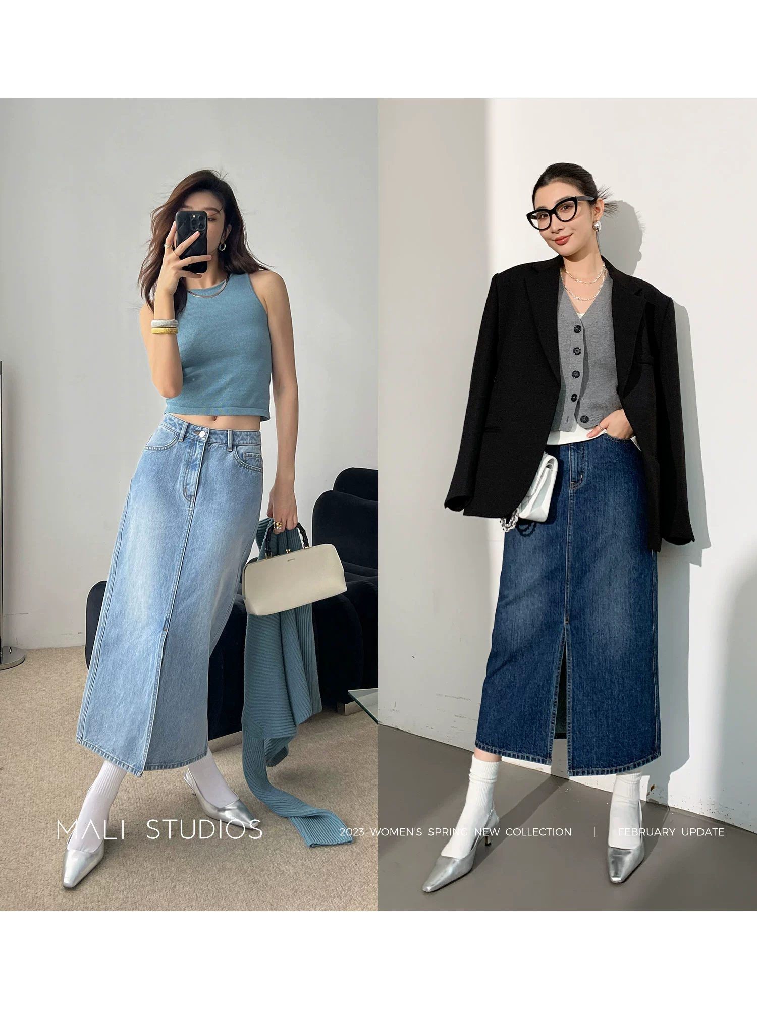 MALI|INS博主高街时髦_重磅牛仔独特染色工字褶廓形外套&半裙 - Image 5