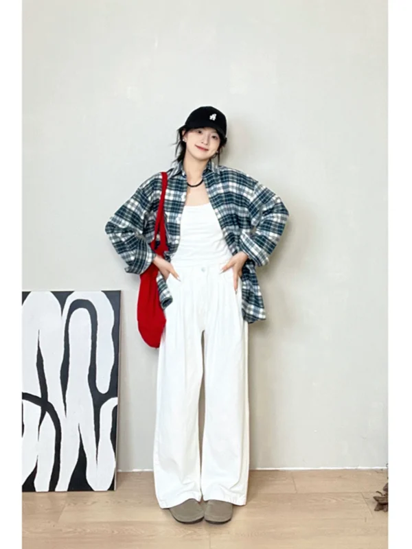 2024年秋季新款高腰阔腿裤直筒裤牛仔裤美式复古裤子白色休闲裤女