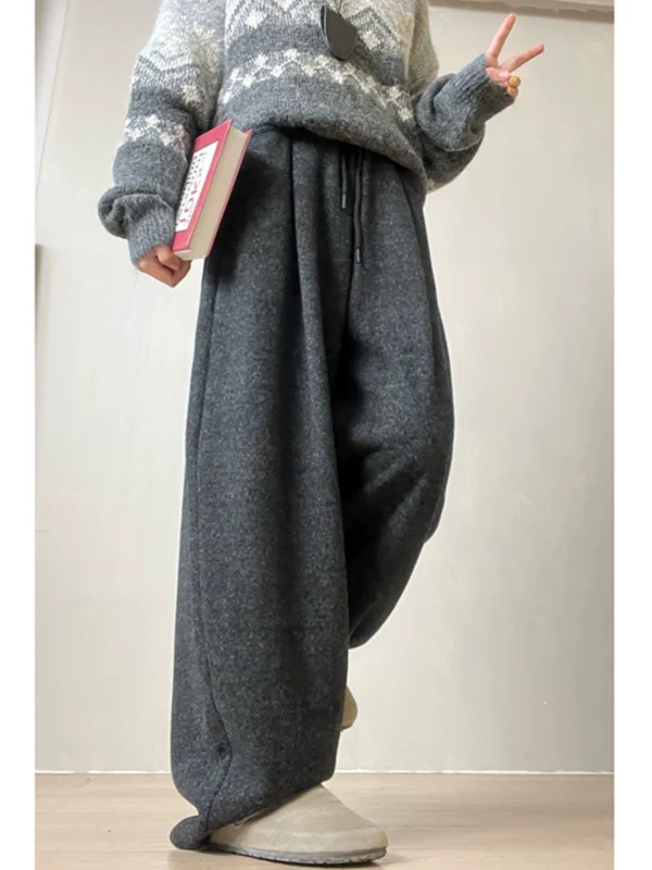 纯色口袋毛呢抽绳休闲裤女装2024冬季新款韩版宽松百搭直筒长裤潮