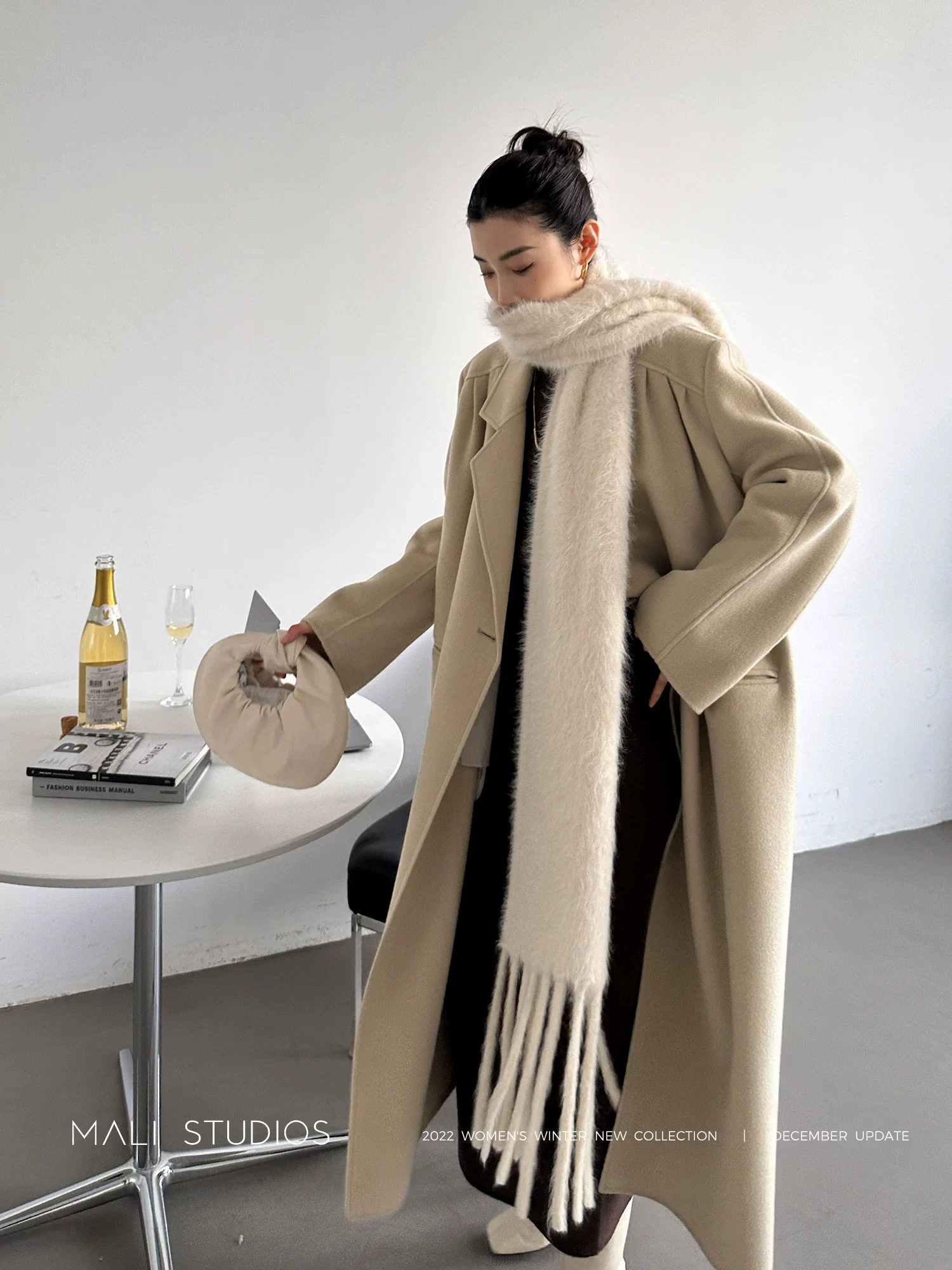 MALI|90年代VTG时髦宽肩_全羊毛双面呢压褶直身大衣 - Image 2