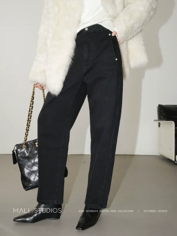 MALI|博主同款 磨毛保暖 显瘦遮肉圆弧扭缝九分牛仔裤