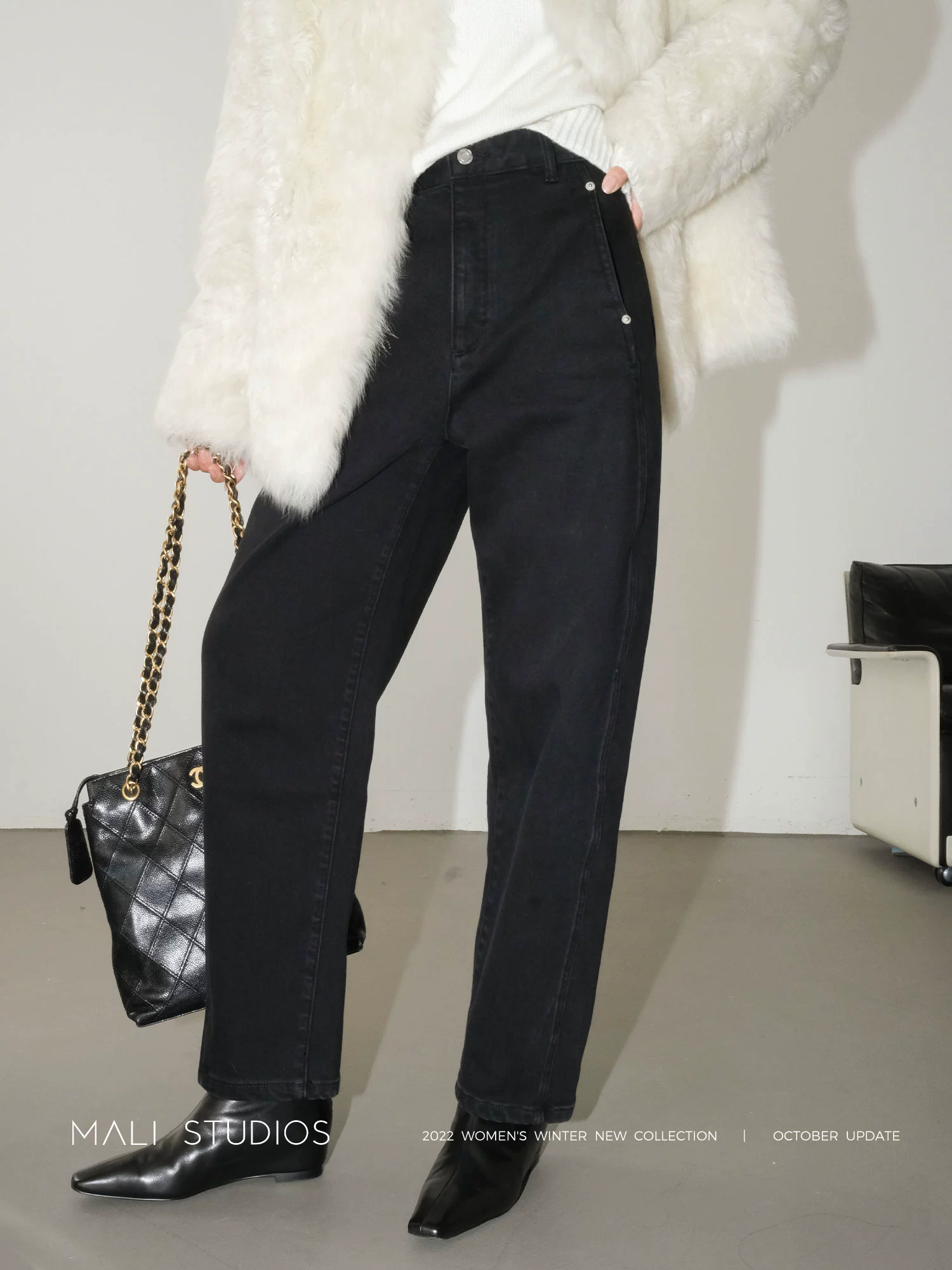 MALI|博主同款 磨毛保暖 显瘦遮肉圆弧扭缝九分牛仔裤