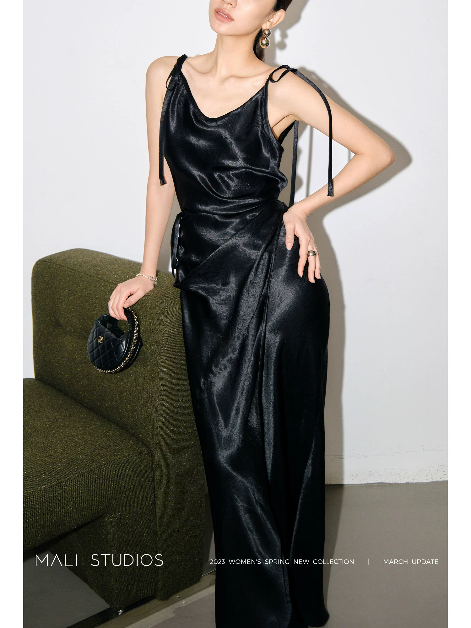 MALI|自然皱醋酸缎面_高阶斜裁交叠艺术感吊带连衣裙/半身长裙 - Image 5