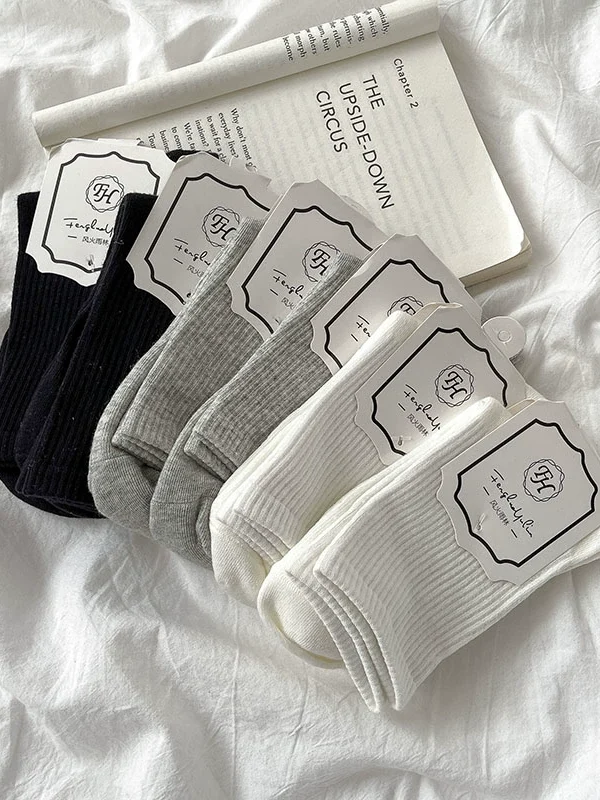 袜子女纯色简约2024年春秋新款小众设计不卷边运动风时尚中筒袜子