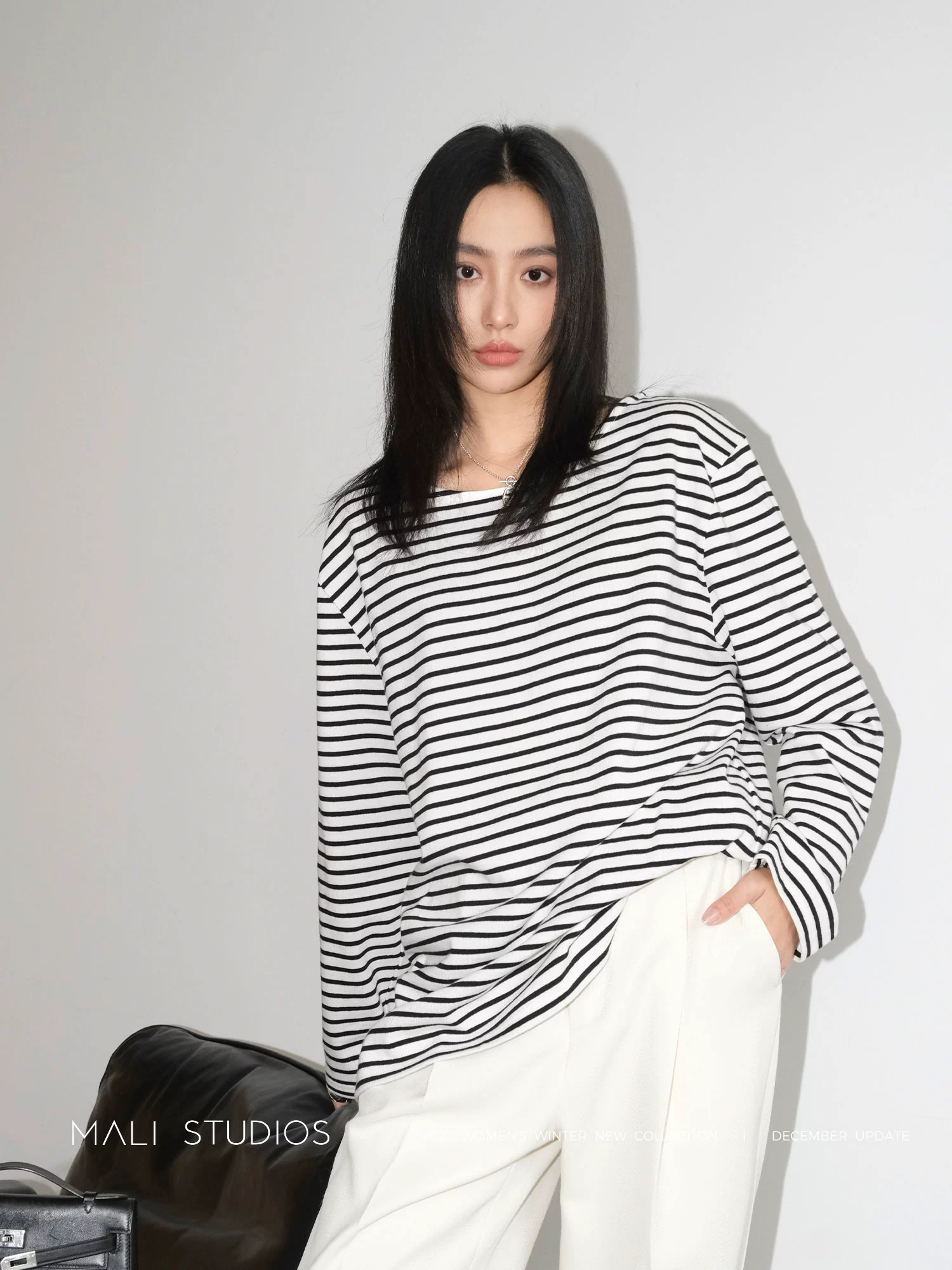 MALI|秋冬260G加厚棉_法式经典黑白条纹船领T恤 - Image 2