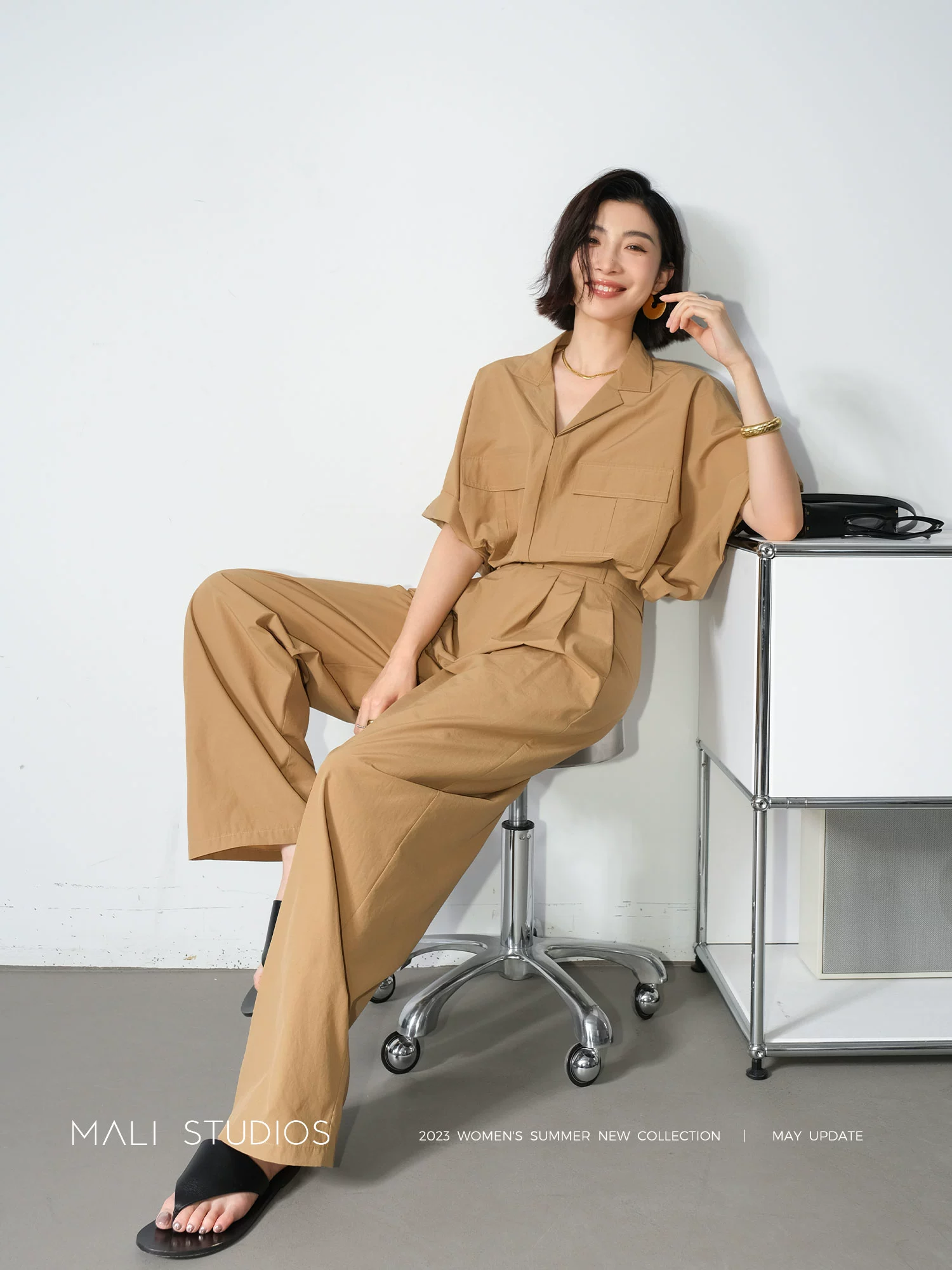 MALI|工装风纸片人套装_夏季宽松蝙蝠袖短袖衬衫+腰带休闲裤