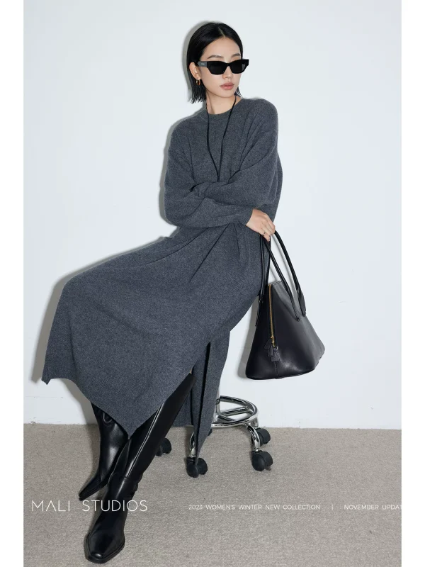 MALI｜高克重加厚高奢羊绒羊毛_ROW风纸片人高开叉OP连衣裙