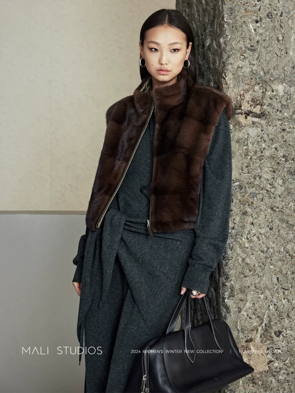 MALI | 奢暖两面穿/填充骆驼绒立领水貂皮草马甲