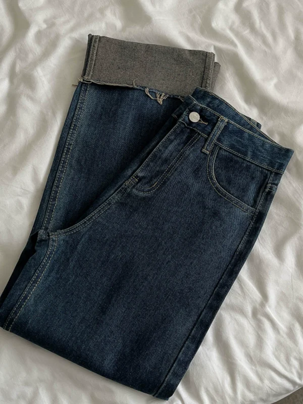 直筒牛仔裤女2024年秋季新款韩版翻裤腿宽松高腰显瘦小个子长裤子