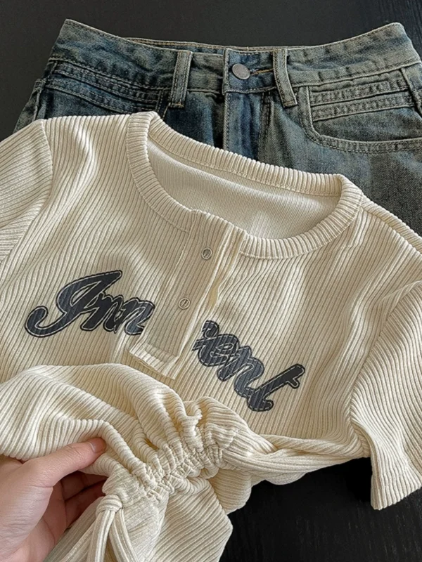 时尚个性字母印花抽皱绑带T恤2024秋季新款韩版女装短袖圆领上衣