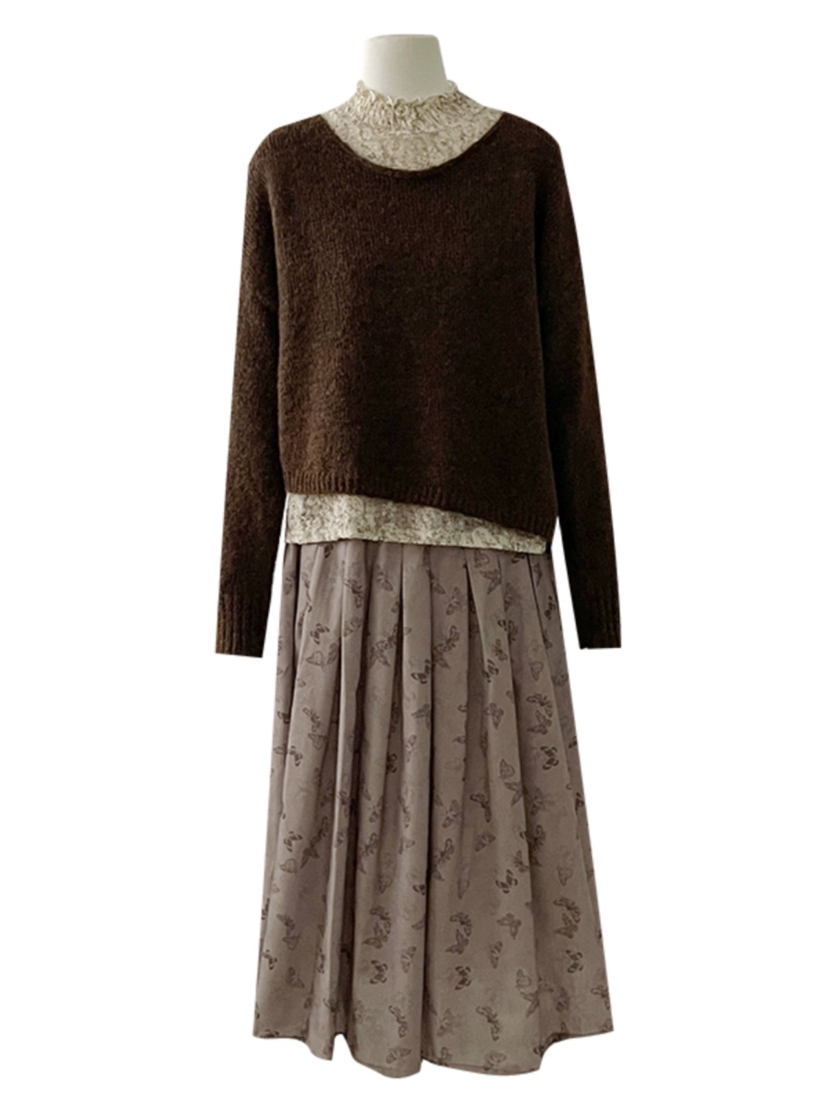 休闲百搭纯色针织衫2024秋季新款韩版女装木耳边打底衫碎花半身裙 - Image 5