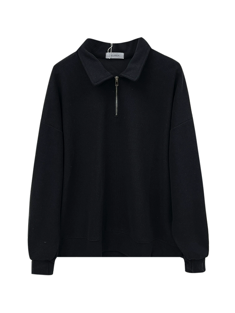 休闲复古多色翻领拉链套头卫衣2024秋季新款女装宽松纯色包袖上衣 - Image 5