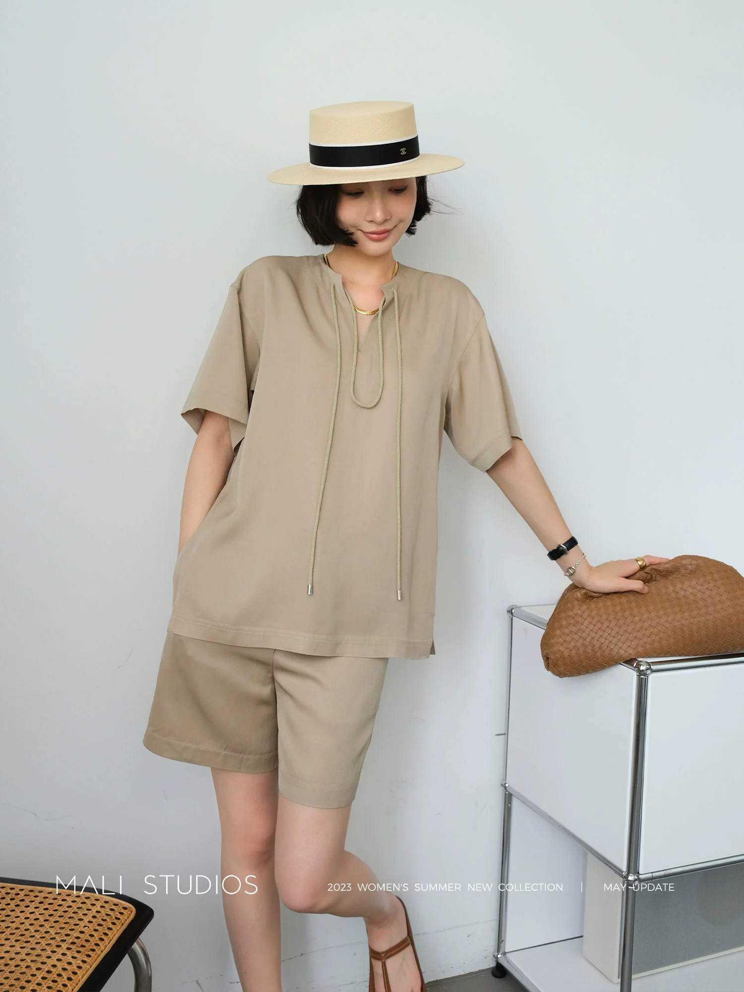 MALI|及简北欧风_醋酸天丝亚麻混纺抽绳V领短袖+短裤懒人套装 - Image 2