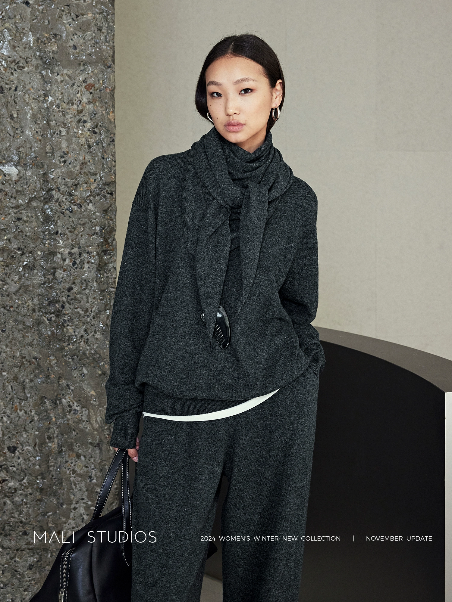 MALI | 慵懒随性羊绒羊毛圆领毛衣/卫裤/三角披肩三件套