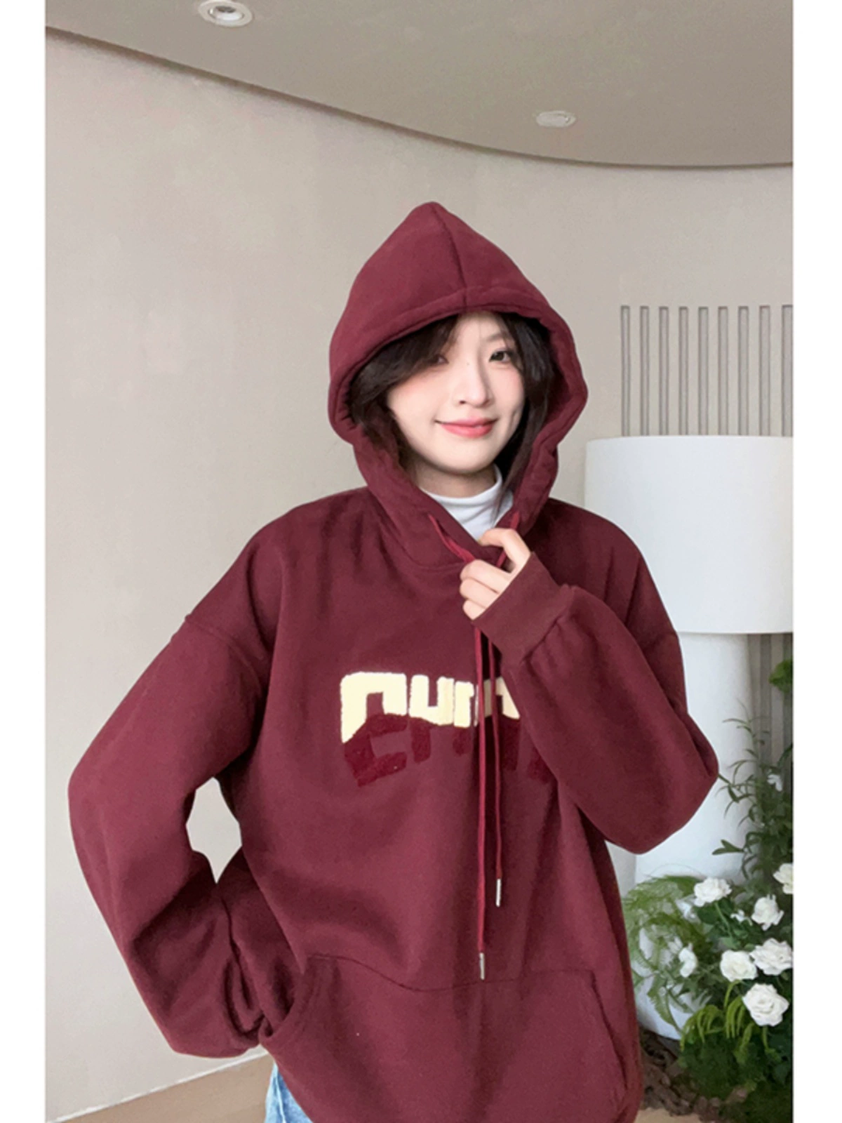 2024秋冬季华棉复合奥粒绒卫衣字母植绒连帽大口袋宽松外套上衣潮 - Image 2