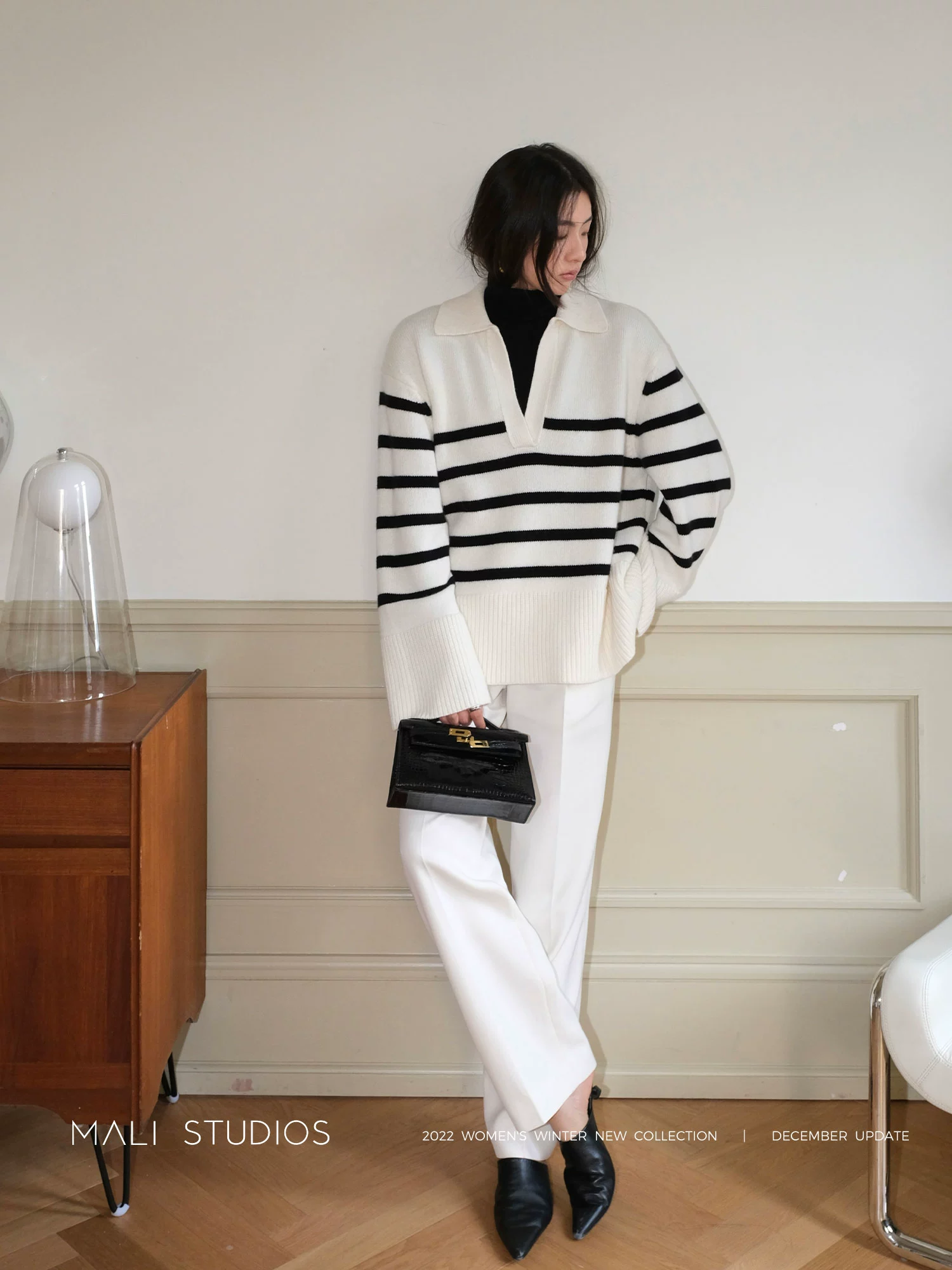 MALI|INS风法式条纹_超宽廓形POLO领时髦慵懒毛衣 - Image 5